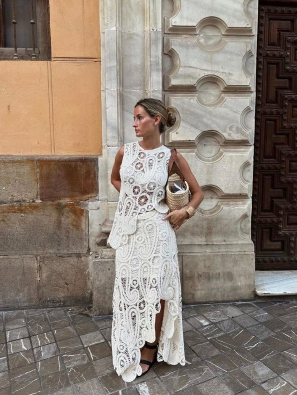 Zara Viral Crochet Asymmetric Top & Midi Skirt Set - Size S